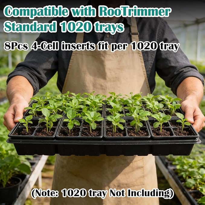 RooTrimmer 80 Pack Reusable 4-Cell Seed Starter Tray for Seedlings, Easy Watering Seed Starting Trays with Drainage Holes for Seed Germination and Plant Start, Fits Standard 1020 Trays, Black