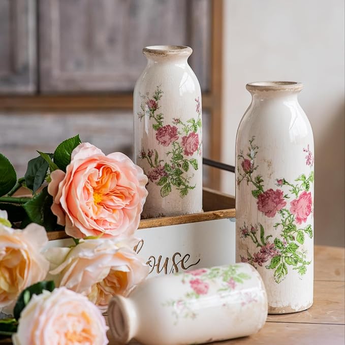 Vintage Vase Set of 3, Ceramic Vintage Flower Vases, Decorative Home Decor Retro Floral Vase Rustic Farmhouse Decor for Table Bookshelf Mantel Kitchen Living Room Office - Pink Flower