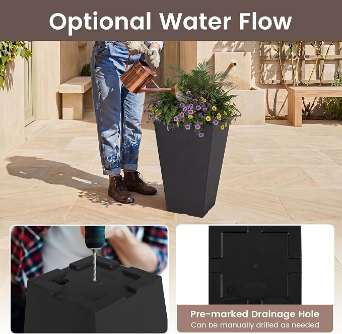 Giantex Tall Square Planters Set of 2, 22.5 inch Self-Watering Flower Pots with/Removable Inner Bucket & Drainage Holes, Indoor Outdoor Decorative Plant Containers for Front Porch Home Balcony, Black