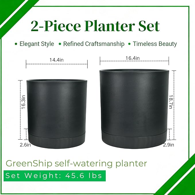 GreenShip Planter Set of 2 (15.7"& 13.7") – – Cylinder Planters with Drainage Hole and Planter Saucer, Jun Porcelain Clay & Recycled Resin, Decorate Home,Office & Outdoor, Black pots