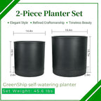 GreenShip Planter Set of 2 (15.7"& 13.7") – – Cylinder Planters with Drainage Hole and Planter Saucer, Jun Porcelain Clay & Recycled Resin, Decorate Home,Office & Outdoor, Black pots