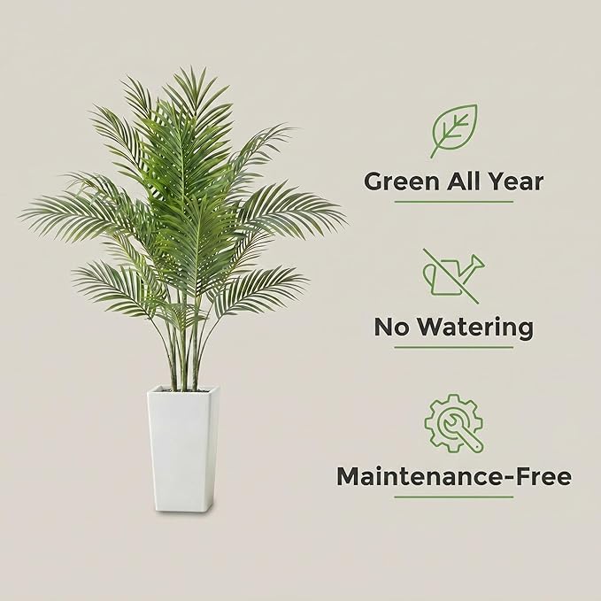 Garvee 4.8FT Artificial Palm Tree, Tall Faux Tropical Areca Plants with White Tall Planter, Fake Potted Tree with Lifelike Leaves for Indoor Living Room Bedroom Home Office Decor