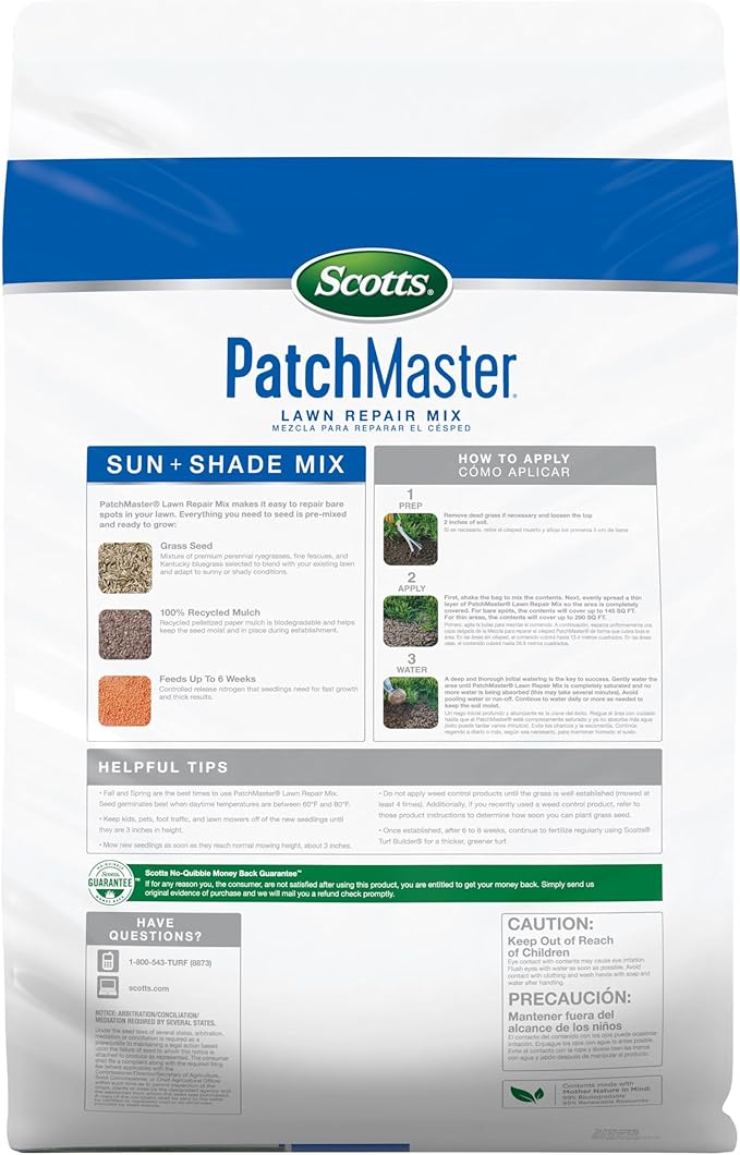 Scotts PatchMaster Lawn Repair Mix Sun + Shade Mix - Combination Grass Seed, Grass Fertilizer, and Mulch, Lawn Patch Repair, 10 lb.