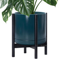 D'vine Dev Ceramic Planter with Ebony Stand - 14 Inch Modern Round Flower Pot with Wood Planter Holder, Teal, 55-B-S-4