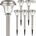 DERAYSION Solar Lights Outdoor Waterproof, Brushed Stainless Steel Glass Solar Pathway Lights, Auto On/Off Long-Lasting Outdoor Solar Lights for Garden, Landscape, Path, Yard 6 Pack