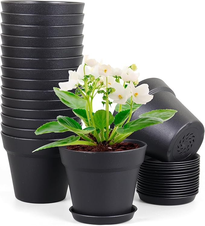 Meowell 4 inch Small Plastic Nursery Pots, 16 Pack Plant Pots for Indoor Outdoor Plants, Flower Pots with Drainage Holes and Saucers, Decorative Seedling Starter Planters for House Plants, Black