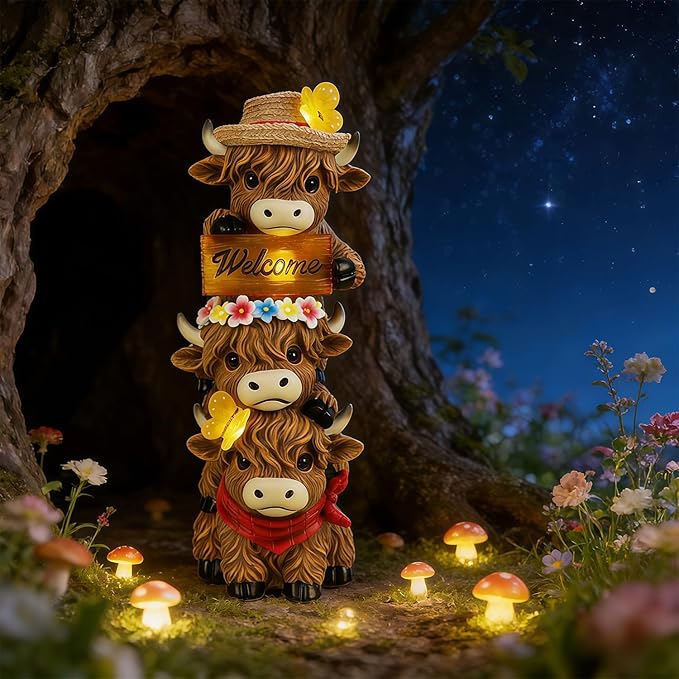 Glintoper Solar Garden Highland Cow Statue, 12" Outdoor Spring Decoration Lighted Triple Stacked Resin Cow Whimsical Yard Art, Birthday Mothers Day Ideal Gifts, for Summer Porch Pathway Patio Lawn