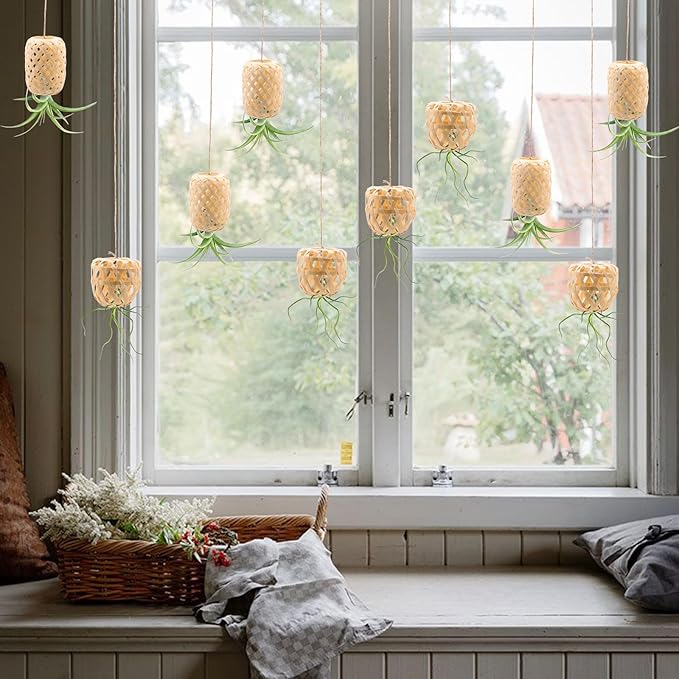 SnowTing 10 PCS Hanging Air Plant Holder, Unique Bamboo Lantern Shape Air Plant Hanger with Jute Ropes for Tillandsia Succulent Houseplants, Airplants Hanging Holders for Home, Office & Garden Decor