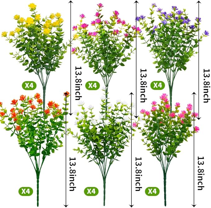 24 Bundles Outdoor Artificial Flowers UV Resistant Fake Boxwood Plants, Faux Greenery for Indoor Outside Hanging Plants Garden Porch Window Box Home Wedding Farmhouse Décor (Mix Color)