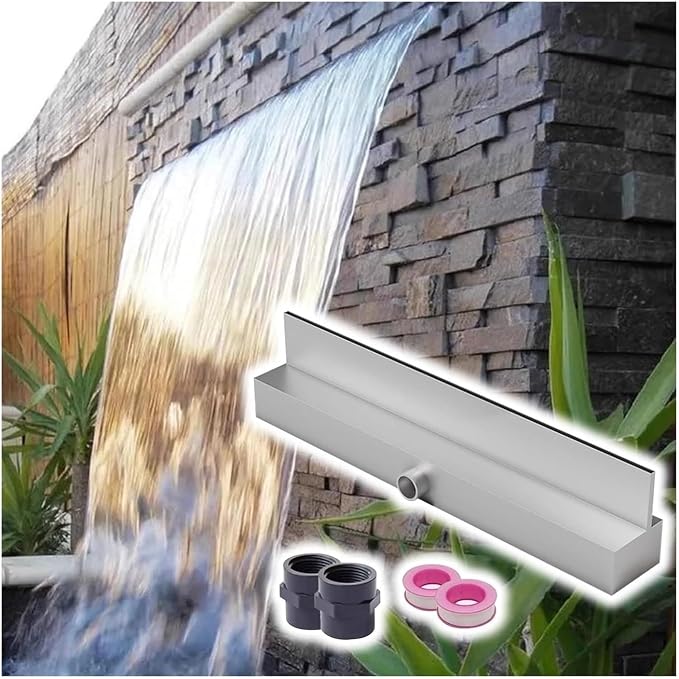Outdoor Pool Fountain Waterfall Kit - Rectangular Water Feature Spillway for Pond/Patio/Backyard with Pipe Connector (Silver, L205cm x W9cm x H6cm)