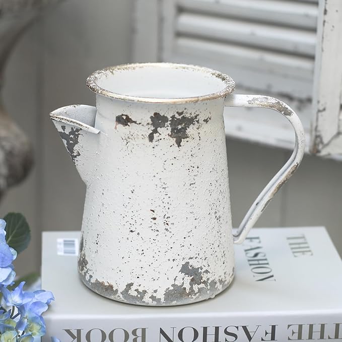 Vintage Pitcher Vase Rustic Farmhouse Vase for Flowers Vintage Metal Milk Jug Small Decorative Pitcher Shabby Chic Decor for Home, Kitchen, Bathroom, White
