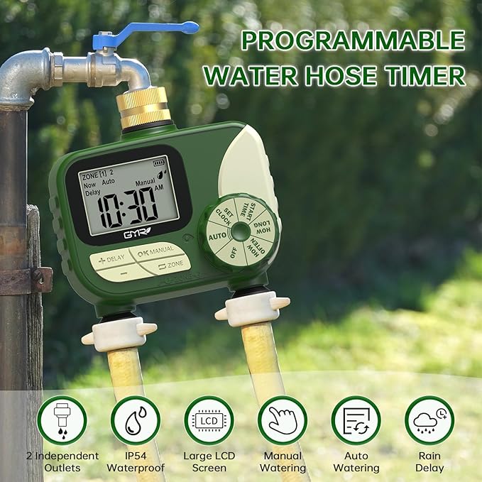 GMR Hose Timers for Watering, Sprinkler Timer Outdoor with Brass Inlet, Water Timer for Garden Hose with Rain Delay/Manual/Auto Irrigation System, Programmable Garden Hose Timer for Yard, 2 Outlet