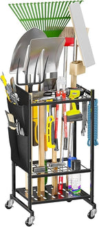 Garden Tool Organizer with Wheels, Rolling Yard Tool Tower Rack Carts for Garage Organization with Large Tool Bags with Pockets, Up to 25 Long-Handled Tools/Rakes/Brooms for Shed, Outdoor, Black
