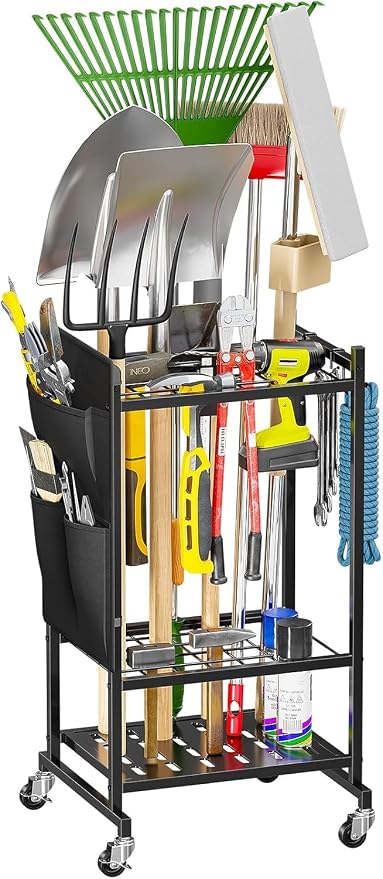 Garden Tool Organizer with Wheels, Rolling Yard Tool Tower Rack Carts for Garage Organization with Large Tool Bags with Pockets, Up to 25 Long-Handled Tools/Rakes/Brooms for Shed, Outdoor, Black