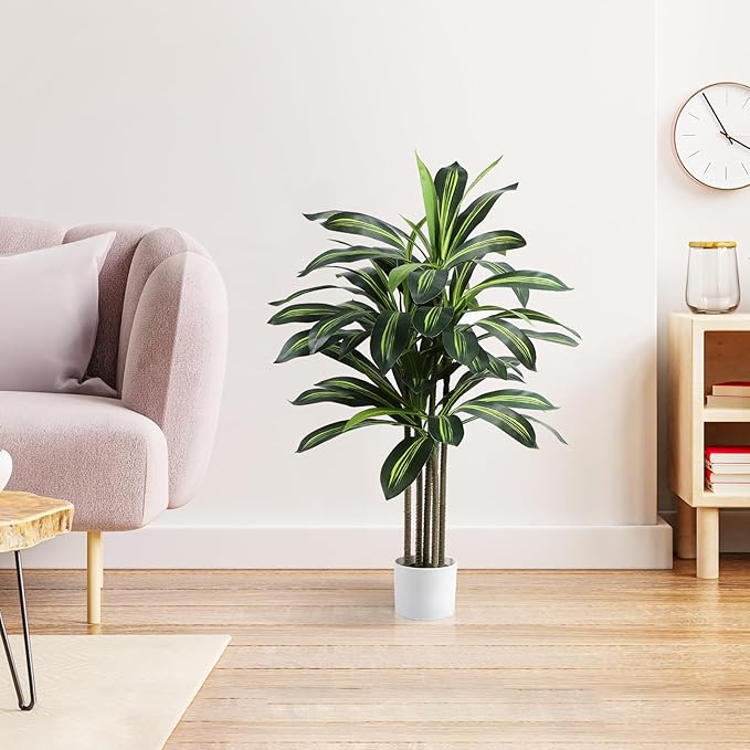 Artificial Dracaena Tree 4FT Fake Plant with White Small Planter Faux Silk Tall Floor Plant in Pot Artificial Tree for Home Office Living Room Decor Indoor
