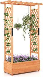 HAPPYGRILL 72" Raised Garden Bed with Trellis, Freestanding Wood Planter Box w/Hanging Roof & 2 Drainage Holes for Vine, Climbing Plants, Flowers, Outdoor Planter w/Trellis for Garden, Patio, Yard