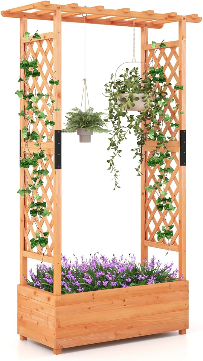 HAPPYGRILL 72" Raised Garden Bed with Trellis, Freestanding Wood Planter Box w/Hanging Roof & 2 Drainage Holes for Vine, Climbing Plants, Flowers, Outdoor Planter w/Trellis for Garden, Patio, Yard