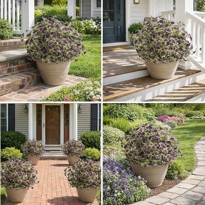Artificial Greenery Plants Outdoor, 5 Pcs Faux Coleus Plants UV Resistant Silk Plants with Stems, Fake Plants for Outside Garden Patio Hanging Planter Pathway Front Porch Decoration(Brown)