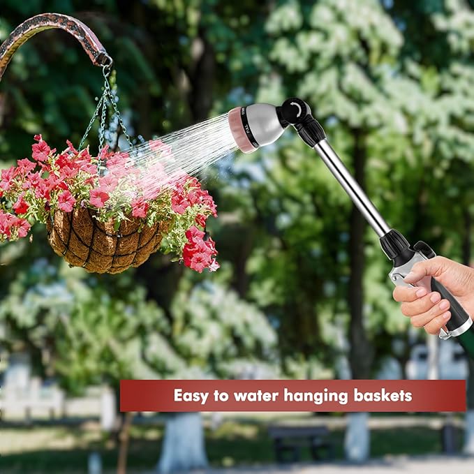 RESTMO Metal Watering Wand, Heavy Duty Garden Hose Wand with 180° Swivel Head, 16'' Hose Nozzle Sprayer with 7 Spray Patterns and Flow Control, for Water Hanging Baskets and Shrubs, Rose Gold