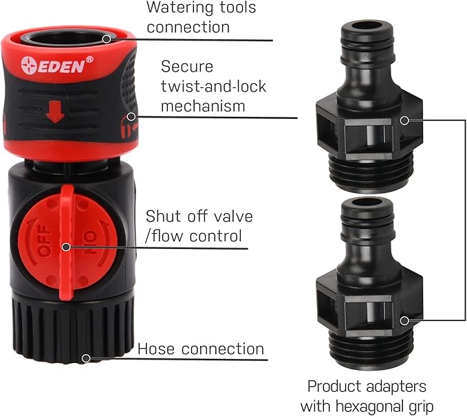 Eden 93218 Premium Garden Hose Quick Connect Kit | 9-Piece / 3-Pair Snap & Lock Fittings and Adapters with Water Stop, Flow Control, Secure Twist-Lock Design