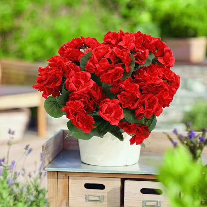7Pcs Geranium Artificial Flowers for Outdoors Decoration Geranium Silk Flowers Outsides UV Resistant Garden Plants Faux Flower for Front Door Garden Porch Planter Patio Balcony Yard Indoor Home (Red)