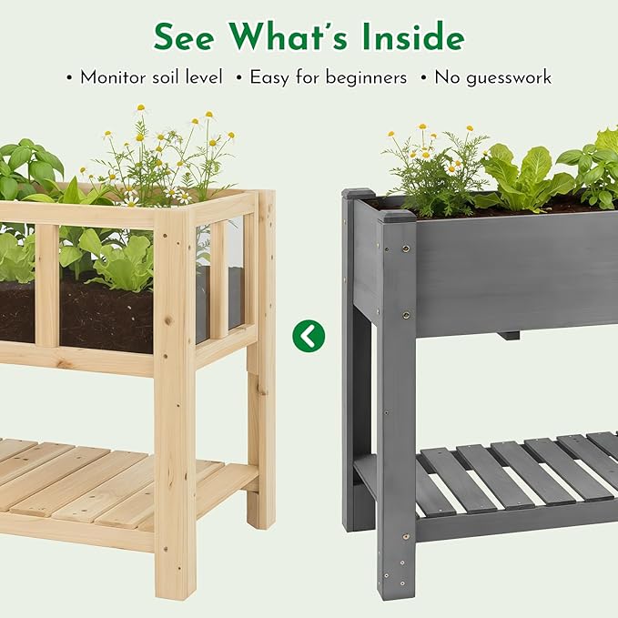ketive Raised Garden Bed with Transparent Acrylic Side Panels, Elevated Wooden Planter Box with Shelf for Vegetables, Herbs & Flowers,Outdoor Raised Garden Planter for Patio, Balcony & Backyard