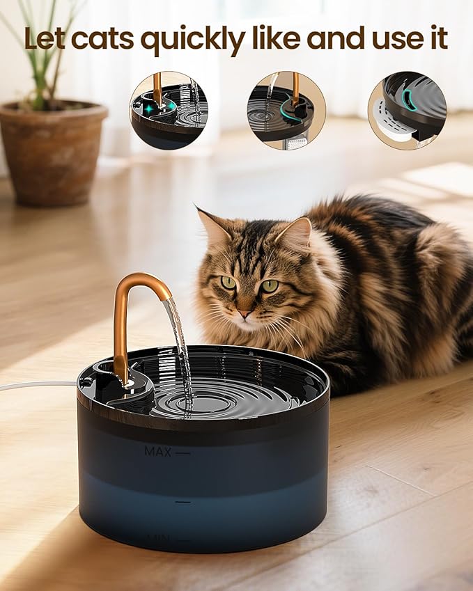 Cat Water Fountain with 6-Pack Replaceable Filters, 71oz/2.1L Cat Fountain for Drinking with Copper Faucet, MISFANS-Designed Pump & Filter, Plastic Automatic Pet Water Fountain Bowl & Dispenser