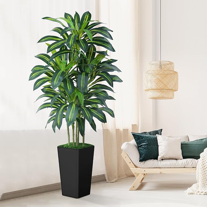 6FT Artificial Dracaena Tree - High-Density Foliage Fake Plant with Black Tall Planter - Faux Yucca Floor Plant for Home Office Decor Indoor
