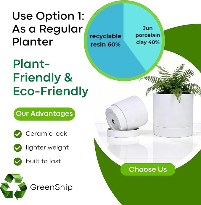 GreenShip Planter Set of 2 (9.8" & 7.8") – Cylinder Planters with Drainage Hole and Planter Saucer, Jun Porcelain Clay & Recycled Resin, Decorate Home,Office & Outdoor,White pots