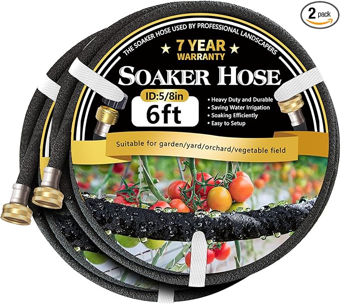 5/8’’ Soaker Hose 6 ft 2 Pack, Heavy Duty Garden Soaker Hoses with Solid Brass Fitting, Rubber Drip Hose for Garden Beds, Vegetable, Lawn, Trees Watering Irrigation （6 ft 2 Pack）
