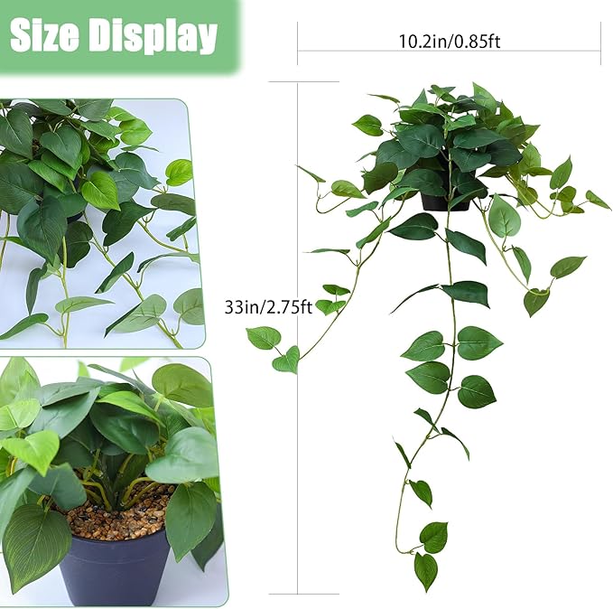 Fake Pothos Hanging Plants, 33" Potted Artificial Hanging Plant, Faux Pothos Silk Vines Hanging Plant Greenery for Home Living Room Indoor Decor