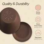 Planter Pots with Drainage Holes - Lightweight, Durable & Space-Saving Pots for Indoor and Outdoor - Versatile Functionality, Simple Modern Design, Set of 20 Plastic Planter Pots - Brown