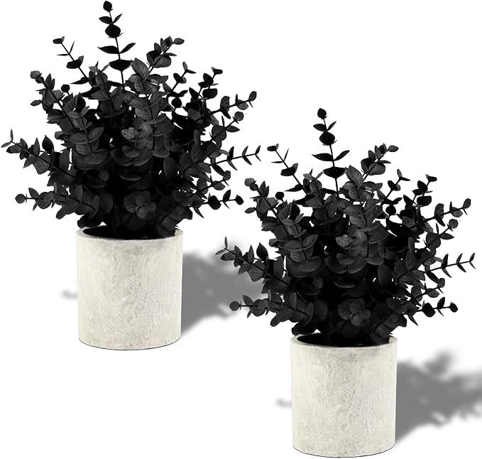 2 Pack Black Fake Eucalyptus Small Fake Plants Potted Artificial Plants for Halloween Shelf Desk Home Farmhouse Room Coffee Table Decor Bathroom Decor (Black)