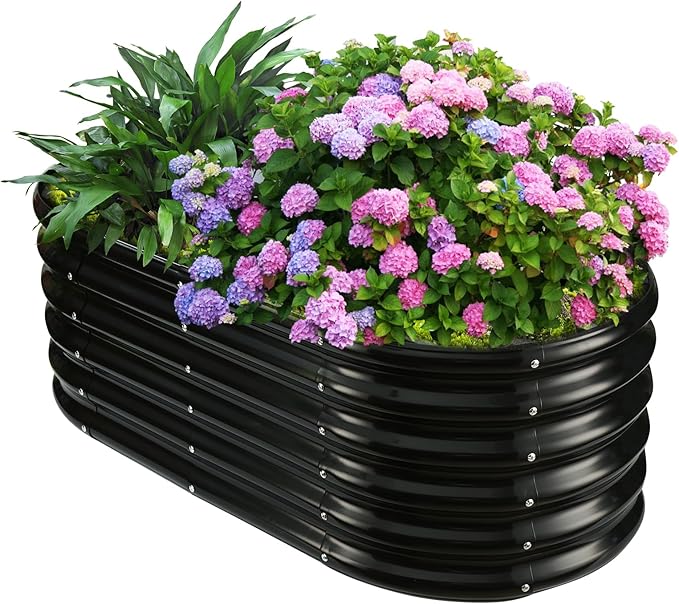 YSEJOMP 17" Tall Outdoor Garden Raised Garden Bed Kits, 4ft X 2ft Oval,0.8MM Thick Metal Raised Planter Bed/Ground Planter Box for Variety of Flowers,Herbs,Vegetables (Black, 48X24X16.5 Inches)