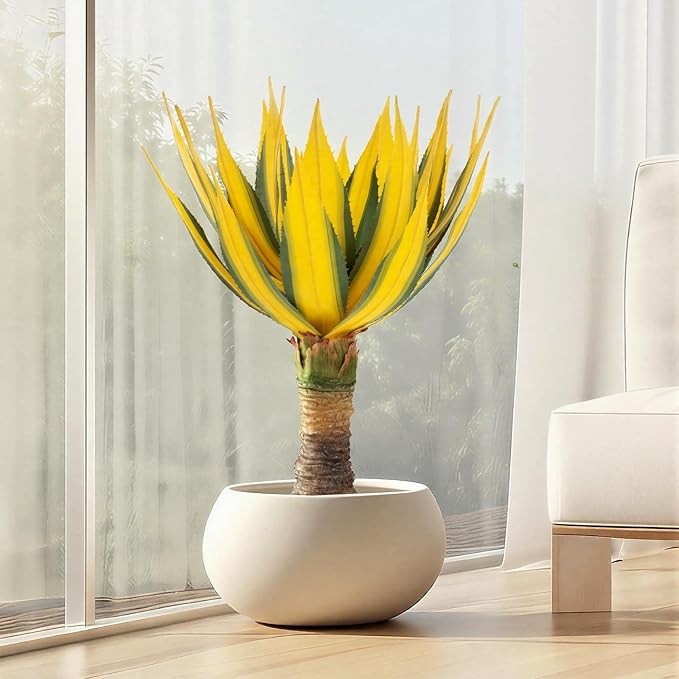 Artificial Green Edged Gold Leaf Spiny Agave Plant with 23 Leaves, 31.49in Faux Agave for Indoor & Outdoor Home Decor Perfect for Porch Living Room Bedroom, Patio & Office