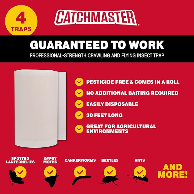 Catchmaster Tree Shield Lantern Fly & Ant Traps Insect Barrier, 4 Rolls 30ft Each, Outdoor Adhesive Crawling Insect Trap to Protect Trees, Fruit & Plants, Pest Control Lawn & Garden