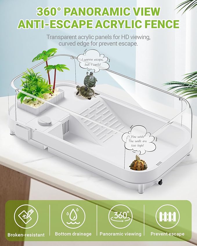 Moonorange Large Turtle Tank Kit (Tank+Lamp+Filter), Acrylic Turtle Tank Starter Kit with Heightened and Curved Fences, Bottom Drainage, Multi-Function Areas