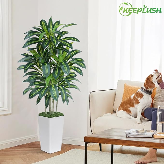 5FT Artificial Dracaena Tree - High-Density Foliage Fake Plant with White Tall Planter - Faux Yucca Floor Plant for Home Office Decor Indoor