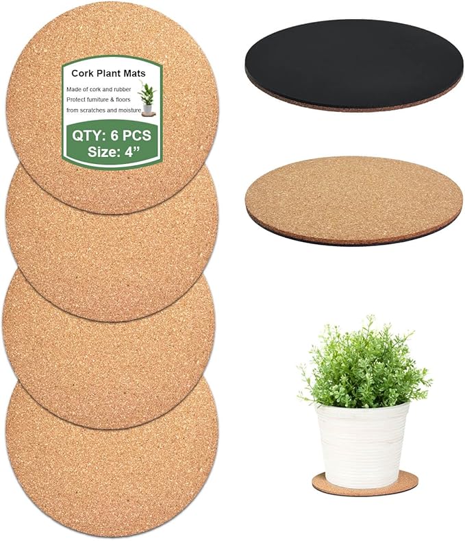vensovo Cork Plant Coasters & Saucers 4 Inch– Absorbent Round Mats for Indoor Flower Pots, Planters, Houseplants, Surface Protector for Table & Floor, 6 Pack