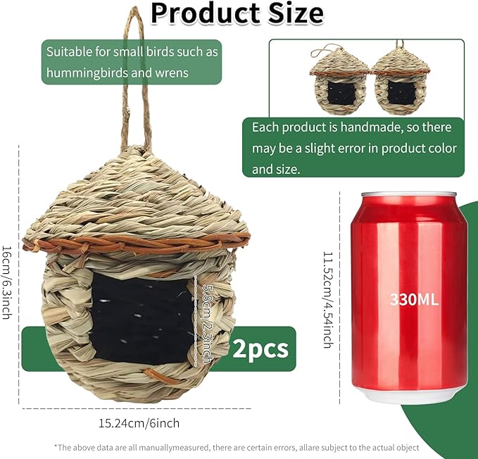 Gute Hummingbird House, Grass Hand Woven Birdhouses for Outdoors Hanging, Natural Bird Hut for Outside, Bird Houses for Audubon Finch Canary Chickadee - Set of 2