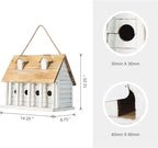 Glitzhome 14.25”L Wood Hanging Birdhouse for Outdoors Oversized Distressed Cottage Painted Bird House Rustic Bird House for Bluebird Wren Chickadee Sparrow Bird Nest Box for Garden Patio, Washed White