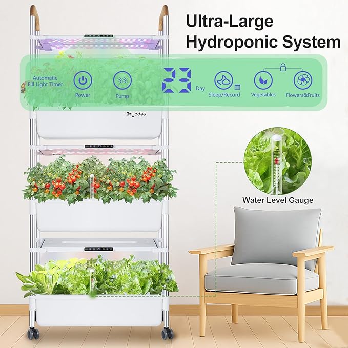 Indoor Hydroponic Growing System with 81 Pods Herbs Garden Kit with 30W Led Grow Light Large Movable 3-Layer Floor-Standing Hydroponic Gardening System for Vegetable Fruit