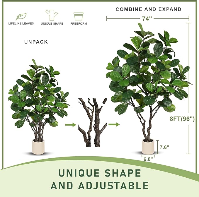 Fiddle Leaf Fig Tree 8ft - Extra Large Faux Fiddle Leaf Fig Tree with White Planter- Fig Tree with 108 Fiddle Leaves, Realistic Fiddle Leaf Fig Tree Artificial Indoor for Home Office Decor