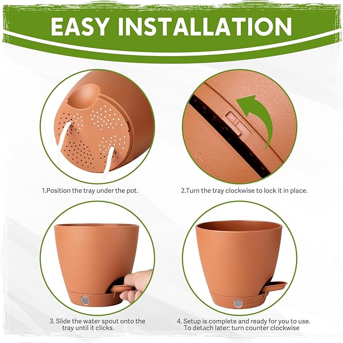 5 Pack 6 Inch Self Watering Planters for Indoor Plants, Automatic Watering Pots for Busy Plant Parents & Vacation, Decorative Modern Flower Pots with Drainage & Saucers (Terra Cotta, 6 inch)