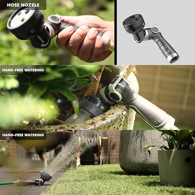 RESTMO Multi-Angle Garden Hose Nozzle with Sprinkler Function, Heavy Duty Water Hose Nozzle with 4 Spray Patterns, Magic Twist and Thumb Flow Control for Garden Watering, Car Washing & Yard, Black