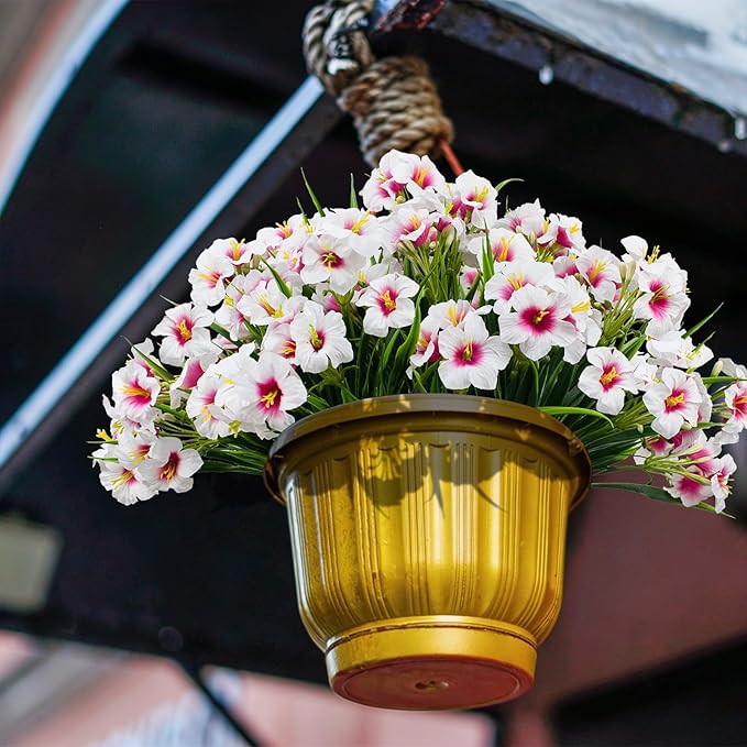LikSoor Outdoors Artificial Flowers Spring Summer Decor Fake Petunias UV Resistant Flower Faux 12 Bundles Realistic Plastic Plant Porch Patio Window Box Garden Decoration (White)