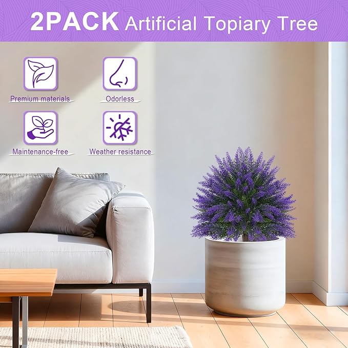 Artificial Topiary Ball Trees,16'' UV Resistant Fake Evergreen Shrubs Bushes Plants with Ground Spike 2 Set of Fake Plants for Outdoor Indoor Front Porch Garden