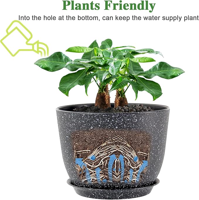 UOUZ 12inch Large Plant Pot, Modern Plastic Planter with High Driange Holes and Saucer for Indoor Outdoor Garden Plants and Flowers, Black Speckles