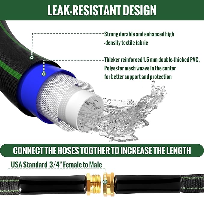 Garden Hose 25ft Flexible Water Hose Non-Expandable High Pressure Kink-Free Leakproof Durable Portable Lightweight Outdoor Yard Lawn Black Fabric Watering Hose with 3/4" Aluminum Fittings