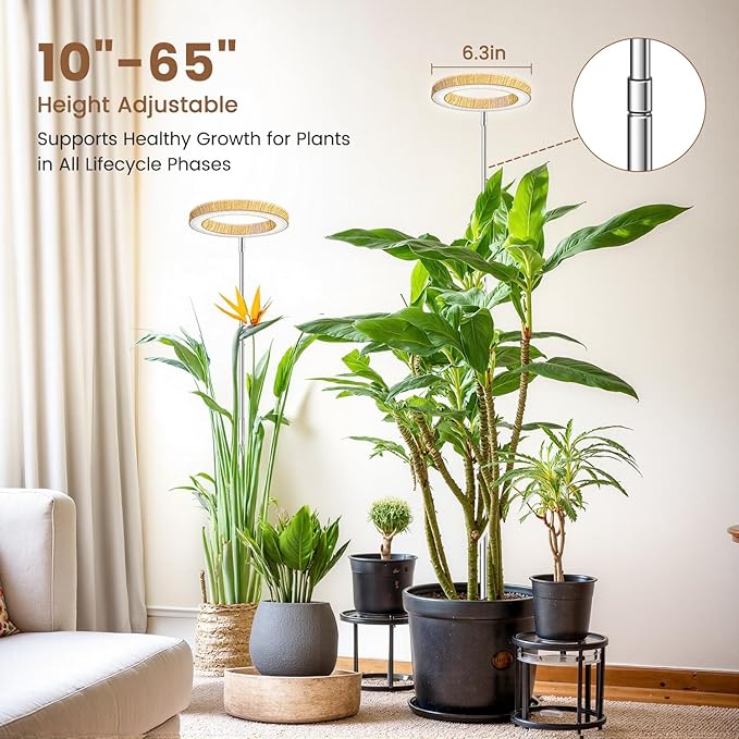 Grow Lights for Indoor Plants, Full Spectrum Plant Lights for Indoor Growing, Height Adjustable 10"-65" Faux Wood Grain Grow Lamp with 6/12/16H Timer, 3 Optional Spectrums, 5 Brightness